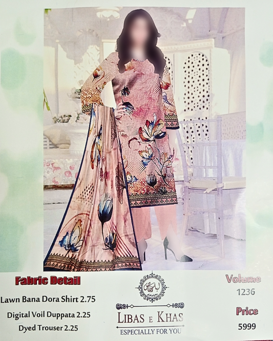 Libas-e-Khas | Unstitched 3-Piece Lawn Suit – Digital Voile Dupatta & Dyed Trouser