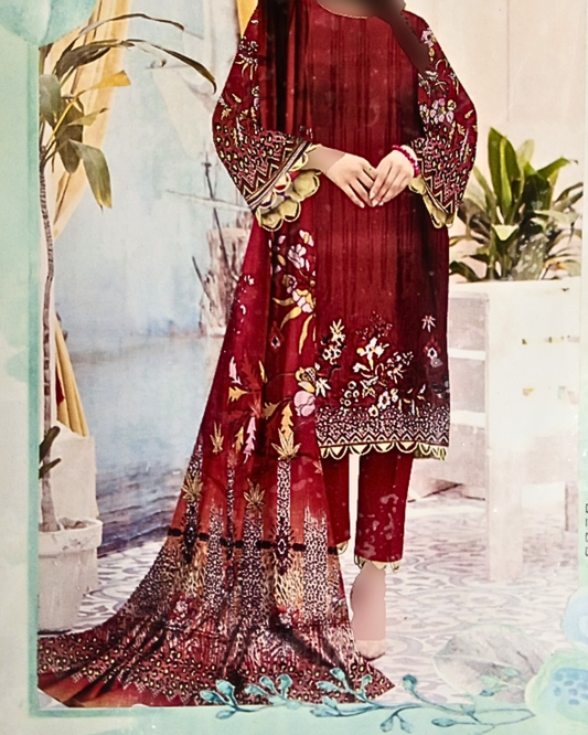 Libas-e-Khas | Unstitched 3-Piece Lawn Suit – Digital Voile Dupatta & Dyed Trouser
